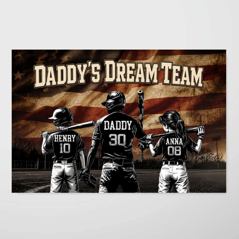 Daddy's Dream Team Baseball Nation Flag - Personalized Poster - Father's Day Gift for Dad, Husband