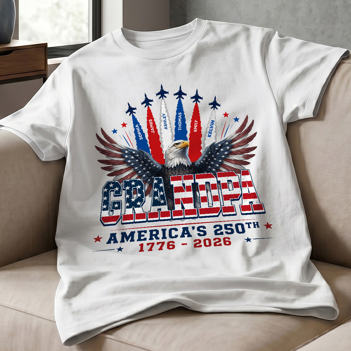 Proud Grandpa Dad Bald Eagle Jets Smoke Custom Kid Name - Personalized Shirt - American 250th Anniversary Keepsake For Husband, Dad, Grandpa