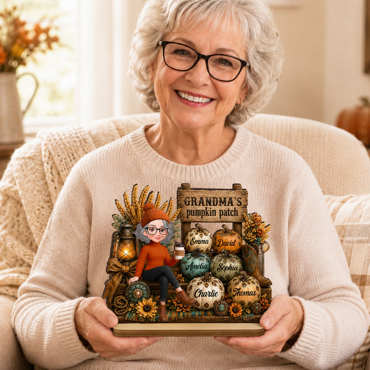 Grandma Pumpkin Patch Western Fall Vibe - Personalized 2-Layered Wooden Plaque - Fall Gift for Grandma
