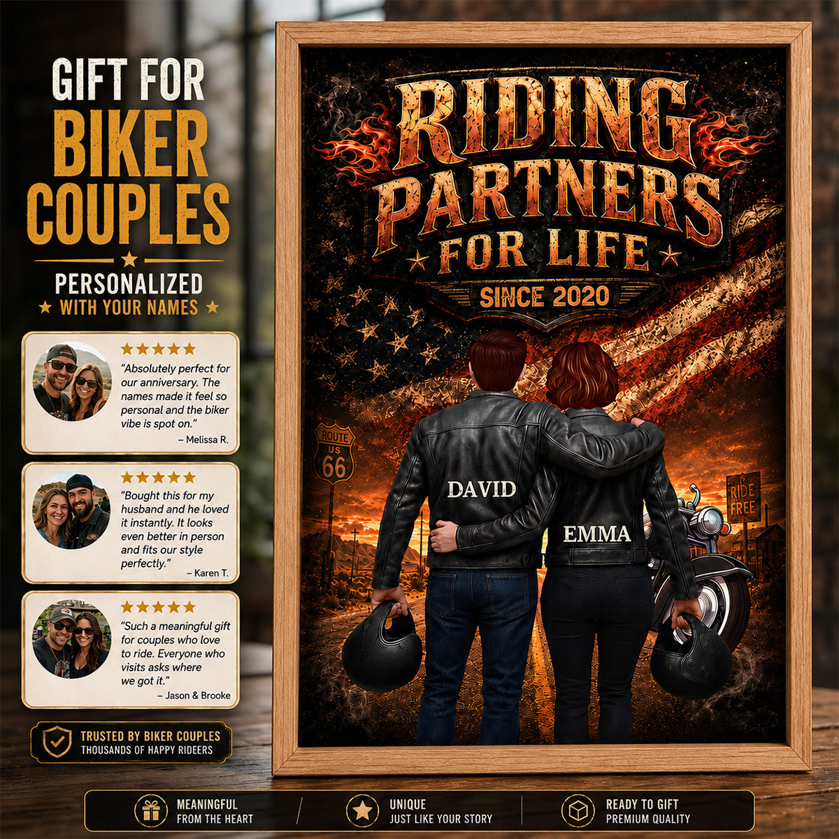 Bikers Couple Riding Partners for Life Nation Flag - Personalized Poster - Heartfelt Gift for Him, for Her