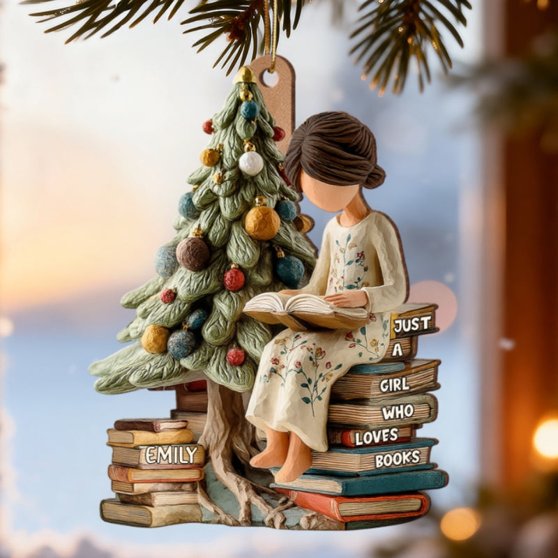 Holiday Reading By The Tree 3D Effect - Personalized Wooden Ornament - Christmas Gift For Book Lover, Bookworm