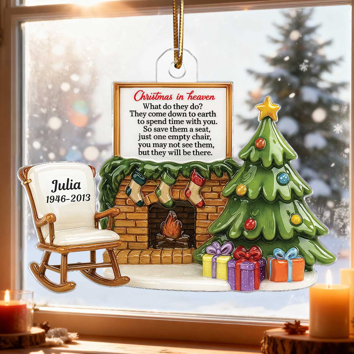 3D Effect Christmas In Heaven Chair At Fireplace - Personalized Acrylic Ornament - Christmas Memorial Keepsake For Family