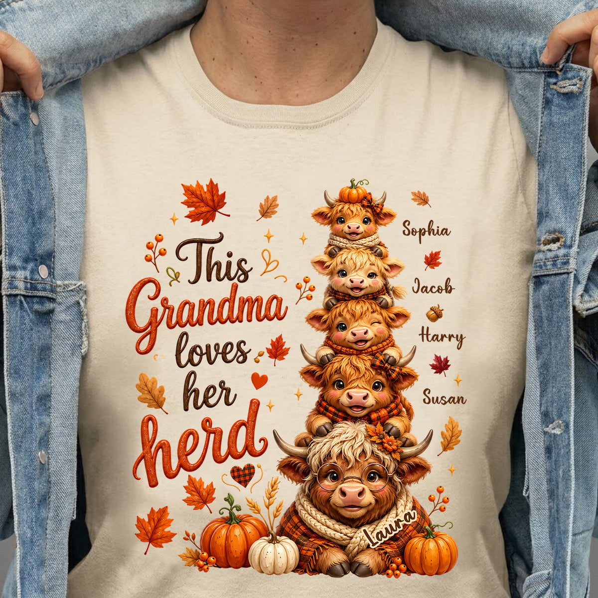 Grandma Grandkids Highland Cow Autumn - Personalized Shirt - Fall Season Gift, Gift For Grandma