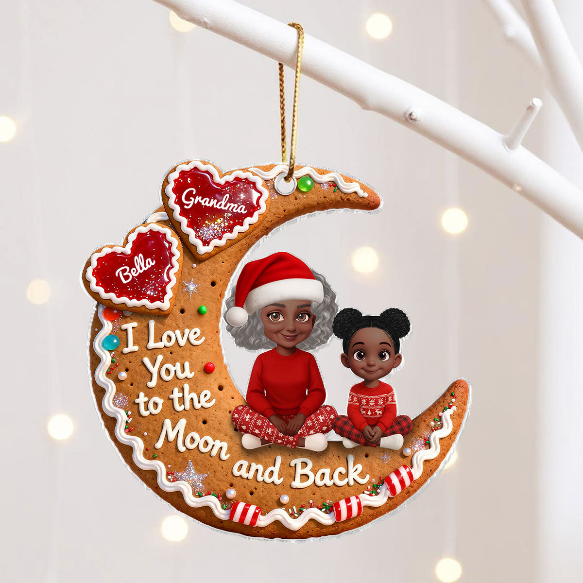 3D Effect Gingerbread Moon Grandma Grandkid Love You To The Moon And Back - Personalized Acrylic Ornament - Christmas Gift For All Grandkids