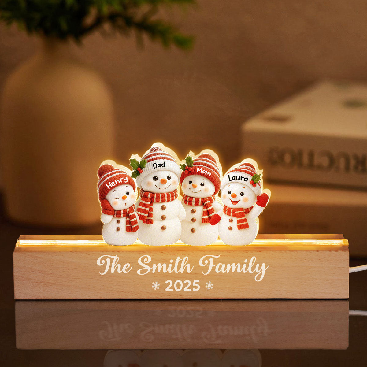 Festive Snowman Family Members - Personalized Acrylic Block Plaque LED Night Light - Christmas Gift for Family