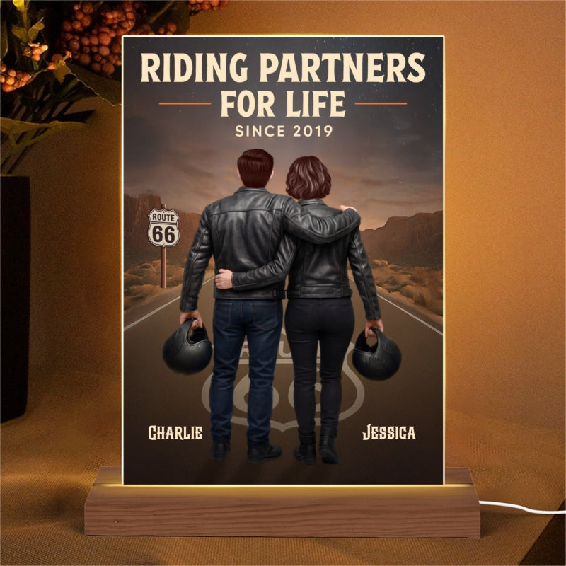Eternal Love Back View Biker Couple Riding Partners For Life - Personalized Acrylic Plaque LED Night Light - Gift For Couple, Bikers, Gift For Him, For Her