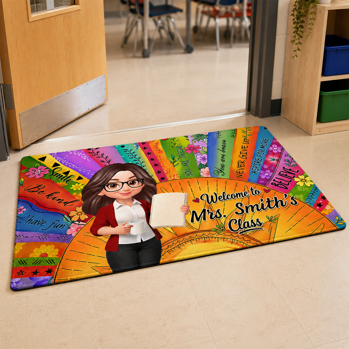 Welcome To Teacher Classroom Boho Sun Colorful Message - Personalized Doormat - Back To School Gift For Teacher