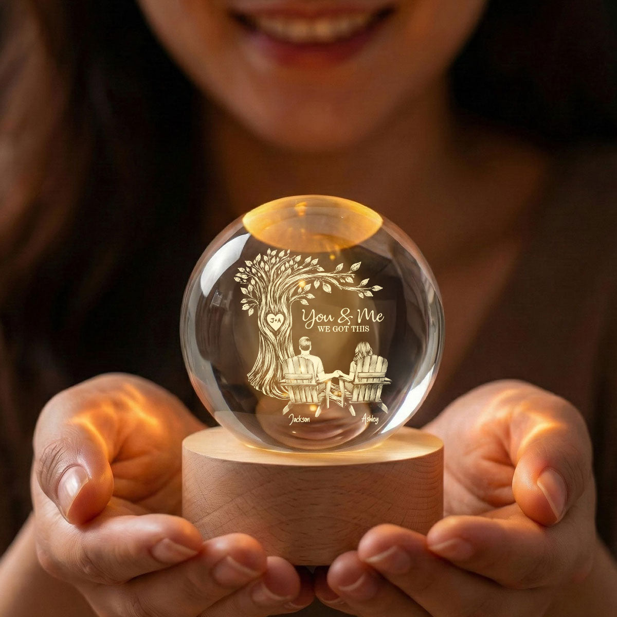 Eternal Love Couple Under Heart Carved Tree - Personalized Crystal Ball LED Night Light - Valentine's Day Gift For Couple