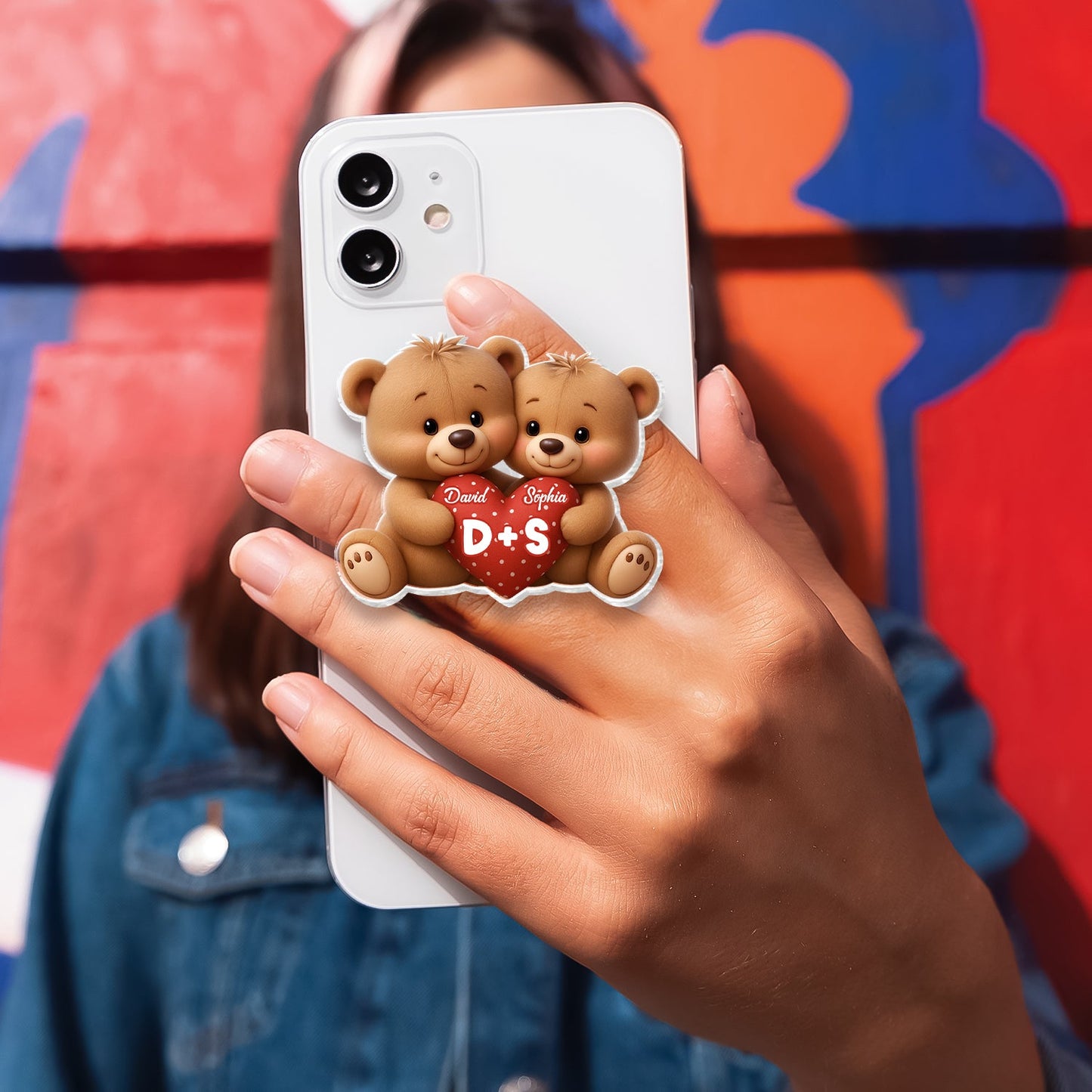 Bear Couple Holding Heart - Personalized Acrylic Magnetic Phone Grip - Gift for him, for her, Matching Phone Grips for Couple