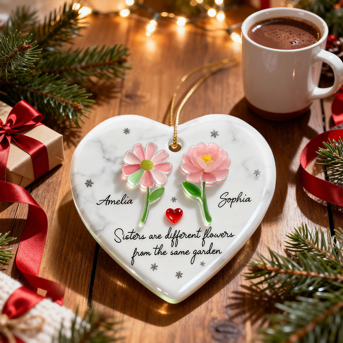 3D Effect Sea Glass Sisters Are Different Flowers from the Same Garden - Personalized Ceramic Ornament with Acrylic