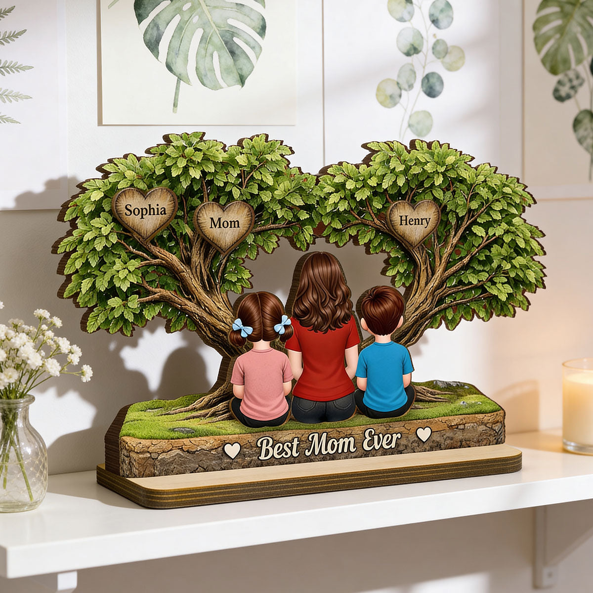 Best Mom Ever Heart Tree - Personalized 2-Layered Wooden Plaque - Heartfelt Gift For Mom, Grandma