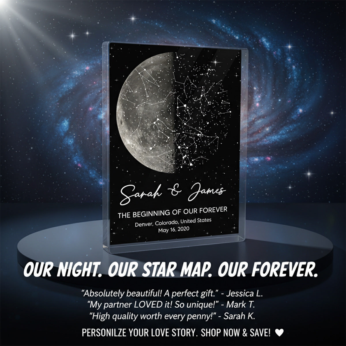 The Night It All Began Custom Moon Phase & Star Map - Personalized Acrylic Block Plaque - Gift For Couple