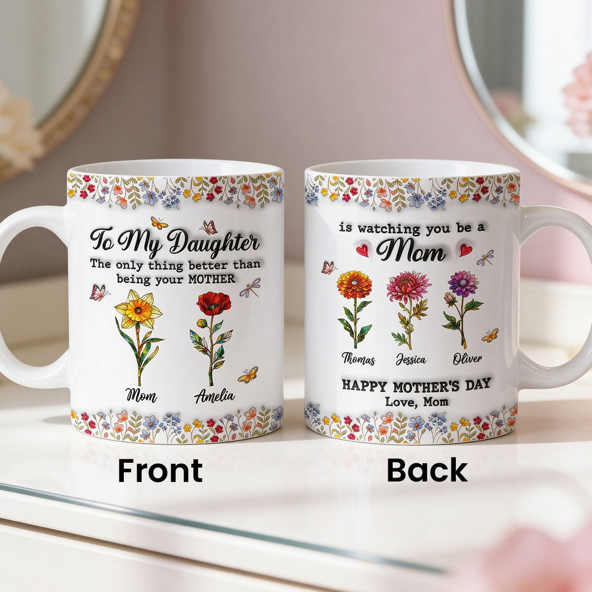 To My Daughter Mom And Daughter Custom Birth Month Flowers Kids Names - Personalized Mug - Mother's Day Gift For Daughter