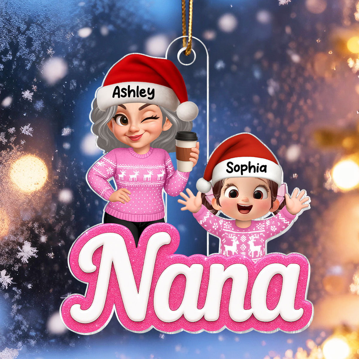 Grandma Grandkids 3D Effect Pink Color - Personalized Acrylic Ornament - Christmas Gift for Grandma