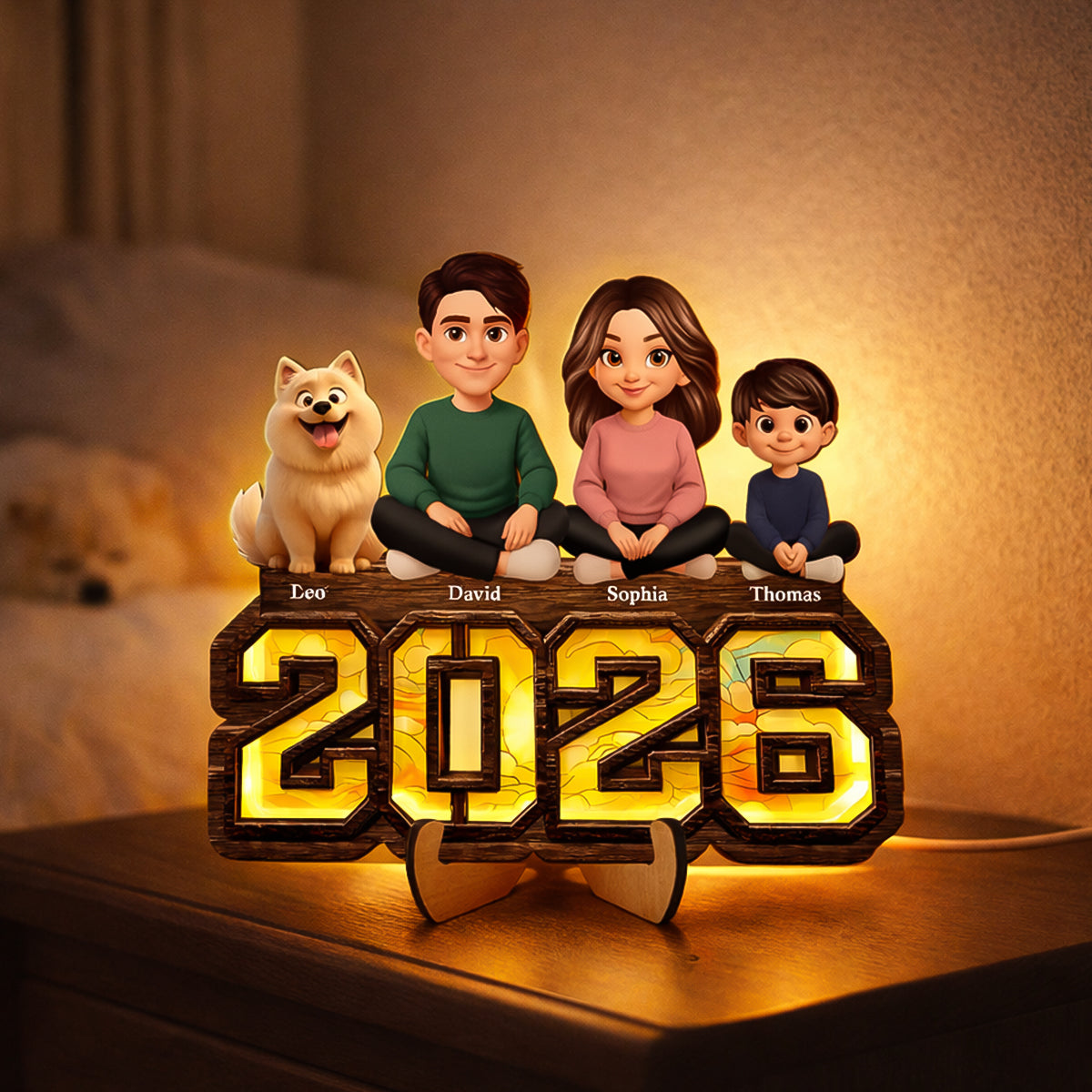 3D Effect Family And Dog Cat - Personalized Wooden Frame With LED - Heartfelt Gift For Mom, Dad