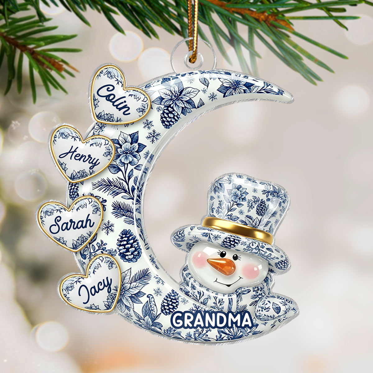 3D Effect Timeless Vintage Toile De Jouy Grandma Snowman Hearts Moon - Personalized Acrylic Ornament - Gift For Grandparents