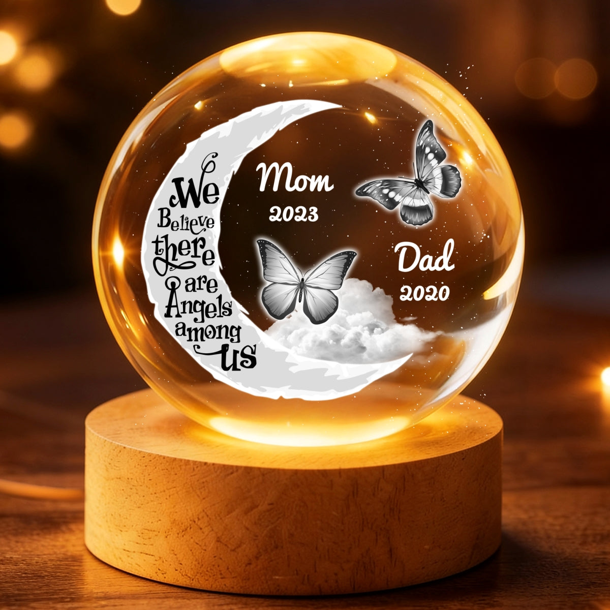 We Believe There're Angels Among Us - Personalized Crystal Ball LED Night Light - Heartfelt Remembrance Memorial Keepsake