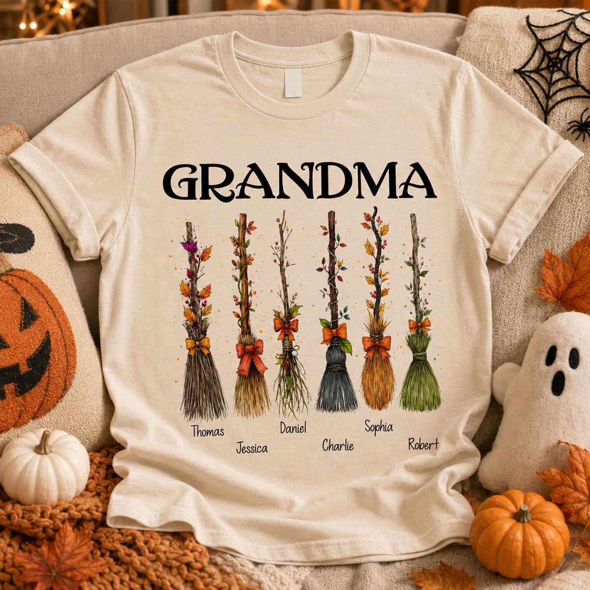 Grandma Witch Beautiful Broomsticks Custom Grandkids Names - Personalized Shirt - Halloween Gift For Grandma