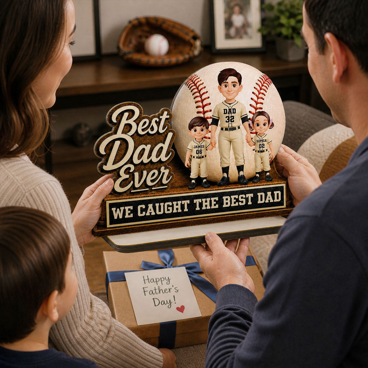 We Caught The Best Dad Dad & Kids - Personalized 2-Layered Wooden Plaque - Happy  For Baseball Softball Dad