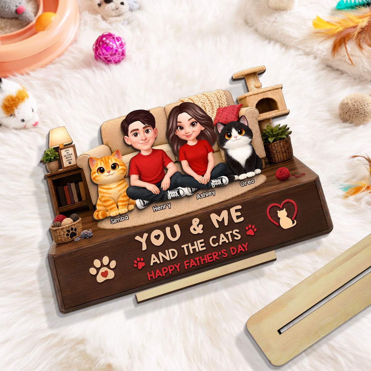 You & Me And The Cats Cozy Room 2D Flat - Personalized 2-Layered Wooden Plaque -  Gift For Cat Dad
