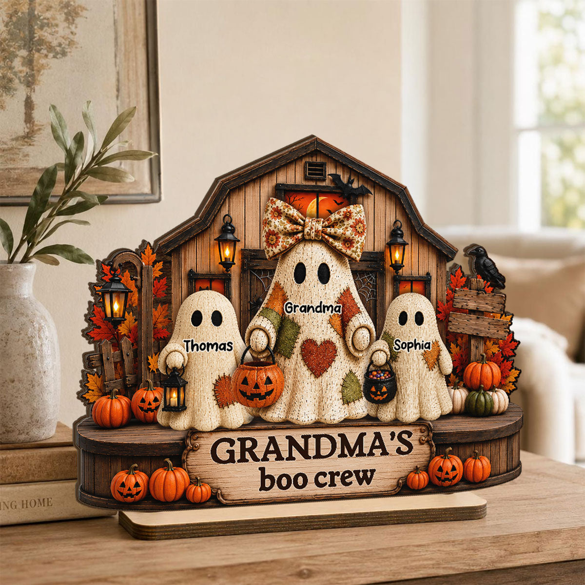 Fall Season Halloween Rustic Patchwork Style Grandma's Boo Crew - Personalized 2-Layered Wooden Plaque - Fall Halloween Decor For Grandma