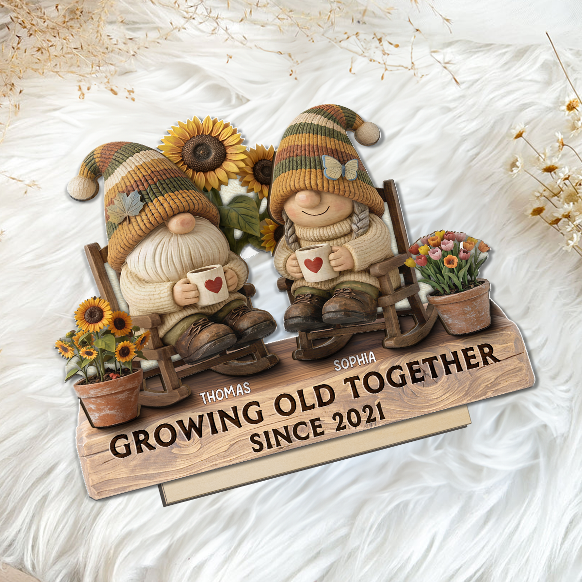 3D Effect Gnome Couple Grow Old Together - Personalized 2-Layered Wooden Plaque - Perfect Valentine's Day Gift For Him, Gift For Her