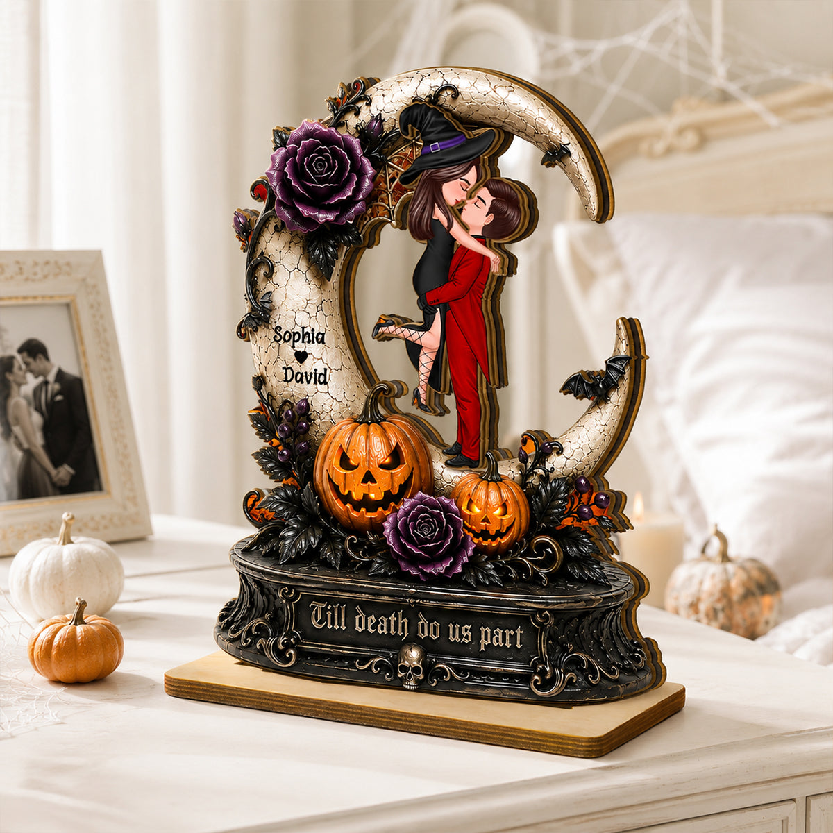 Spooky Couple Moon Halloween - Personalized 2-Layered Wooden Plaque - Halloween Decor Gift, Gift For Couple