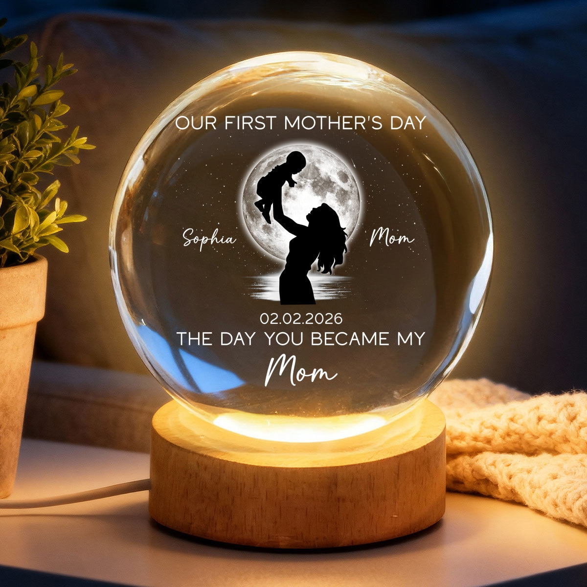 Custom Moon Phase First Mother's Day The Day You Became My Mom - Personalized Crystal Ball LED Night Light - First Mother's Day Gift For New Mom