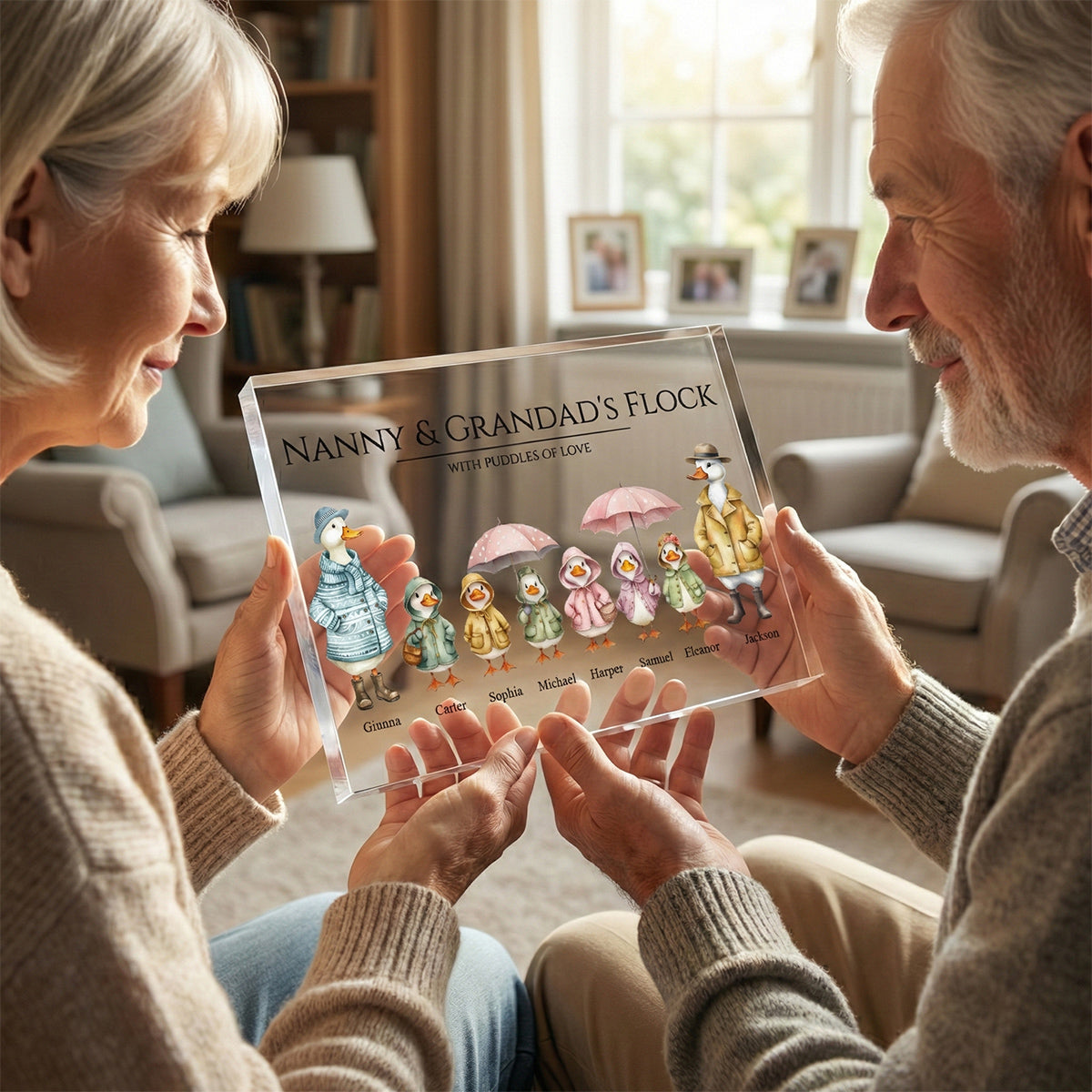 Grandparents Grandma Grandad's Flock Cute Watercolor Ducks - Personalised Acrylic Block Plaque