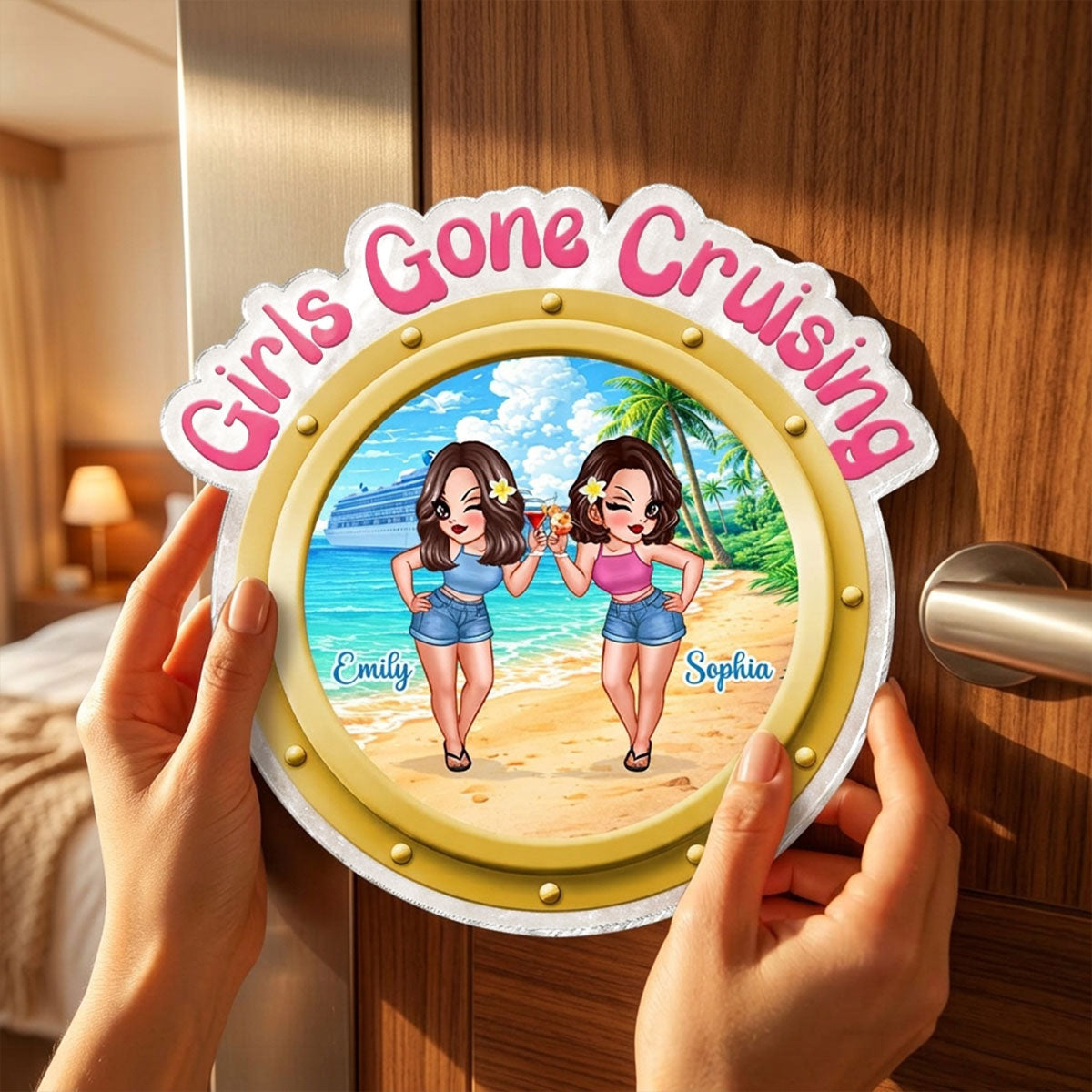 Cruise Besties Pretty Women On Beach Porthole - Personalized Cruise Ship Door Magnet - Girls Cruise Trip Keepsake