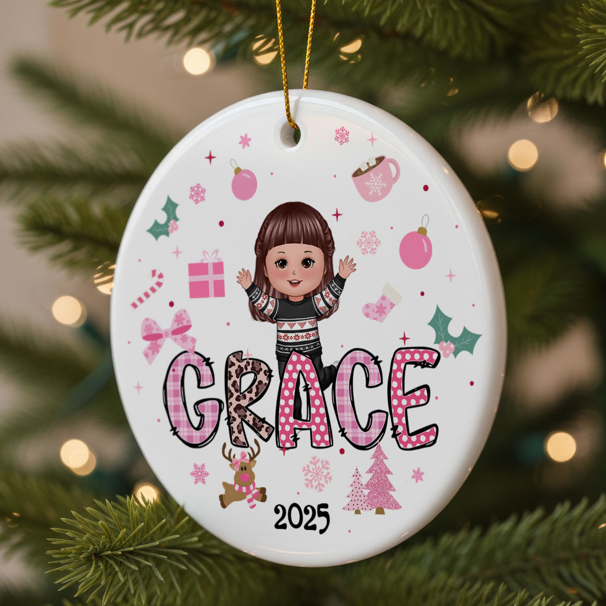 Pink Theme Cute Doll Girl Name Christmas - Personalized Ceramic Ornament - Gift For Daughter, Granddaughter