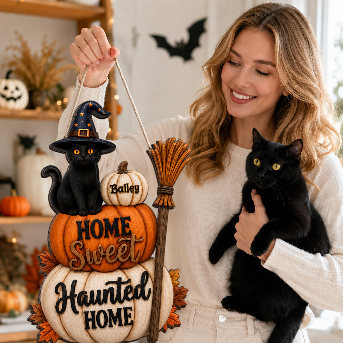 Home Sweet Haunted Home Cat - Personalized Wood Sign - Halloween Decor Gift, Gift For Cat Lovers