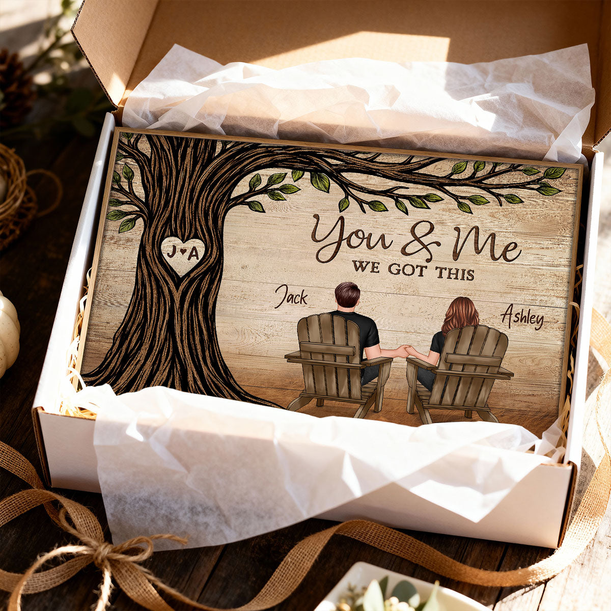Couple Sitting Under Heart Carved Tree - Personalized Poster - Valentine's Day Gift For Couple