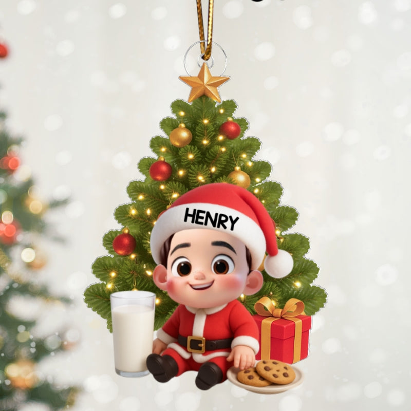Little Kid with Milk and Cookies - Personalized Acrylic Ornament - Unique Christmas Gift For Kid, Grandkids