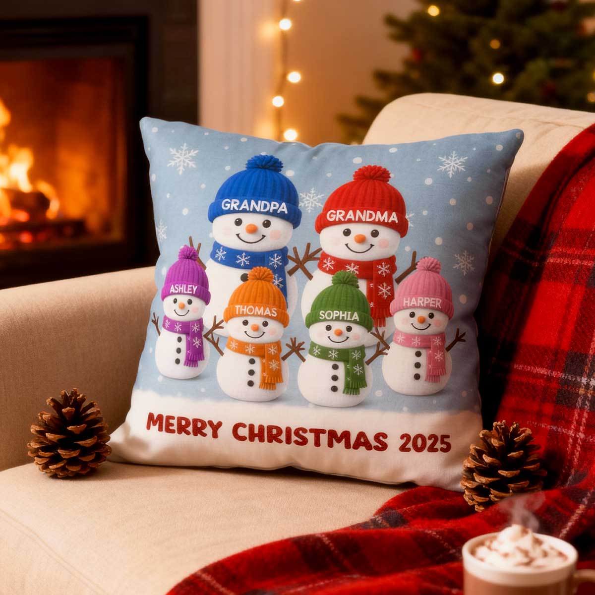 3D Effect Velvet Texture Christmas Grandma Grandkids Snowman Together - Personalized Pillow