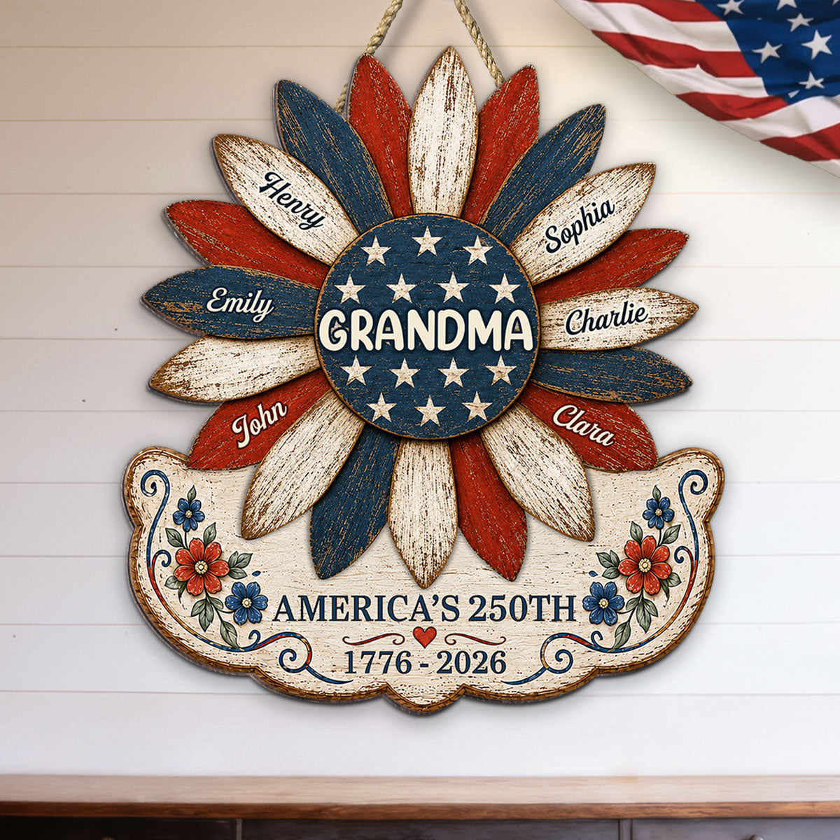 Grandma Nation Flag Sunflower America 250th Anniversary - Personalized Wood Sign - 250 Years Of Freedom, Patriotic Decoration
