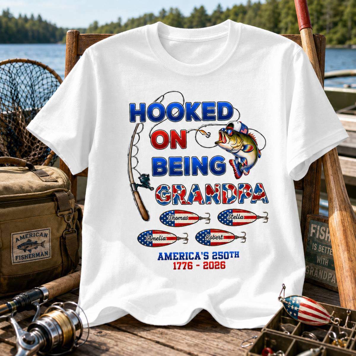Fishing Grandpa Hooked On Freedom America 250th Anniversary - Personalized Shirt - Gift For Grandpa, 250 Years Of Freedom