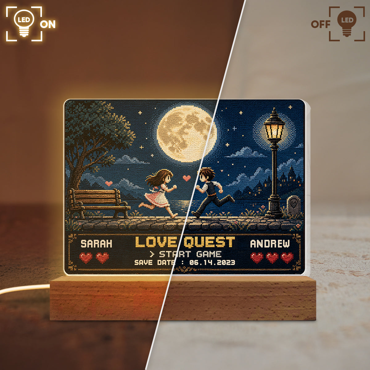Retro Gamer Couple Love Quest - Personalized Acrylic Block LED Night Light - Anniversary Gift for Him, for Her
