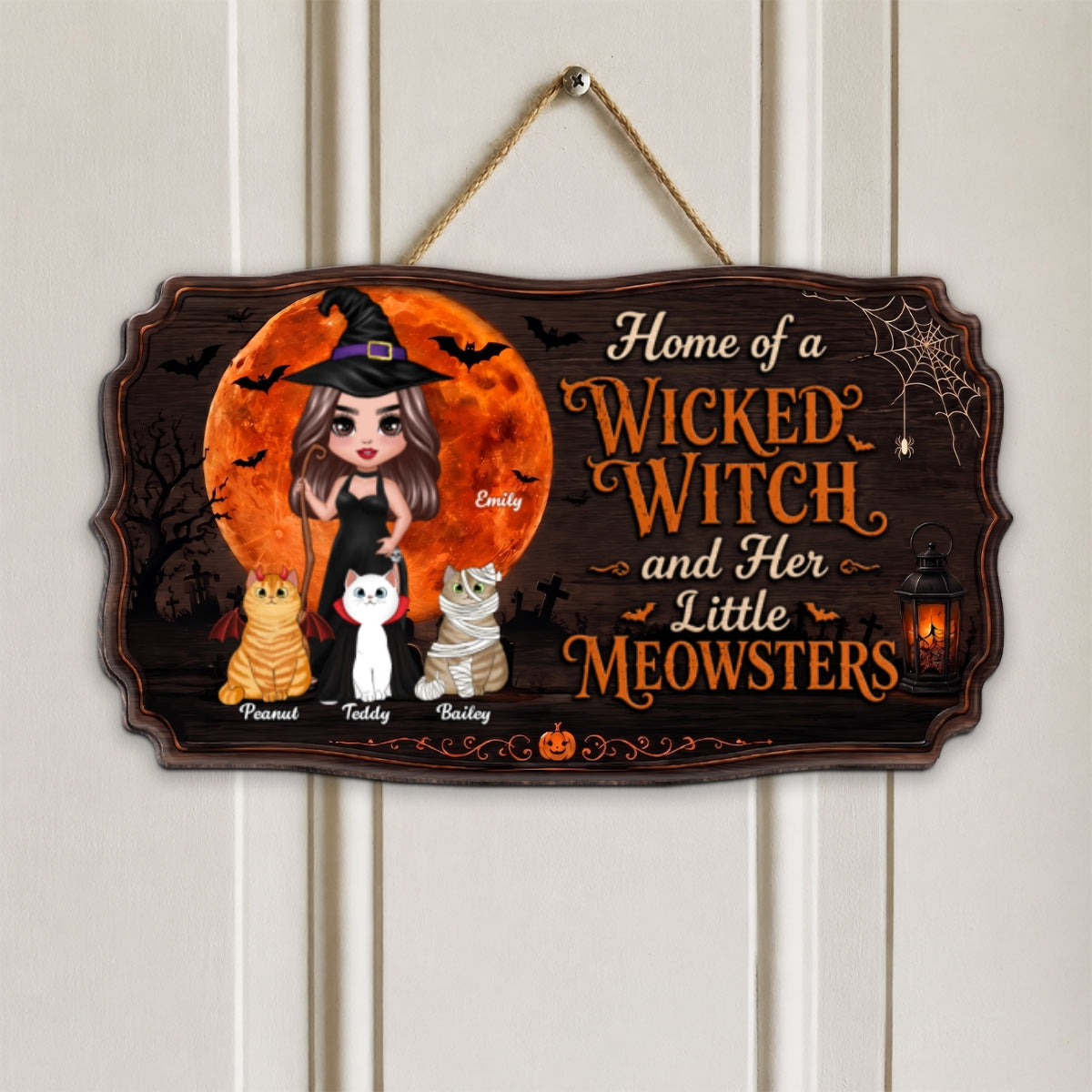Home Of A Wicked Witch And Little Meownsters - Personalized Door Hanger Sign - Halloween Wigan Pagan Decor For Cat Mom