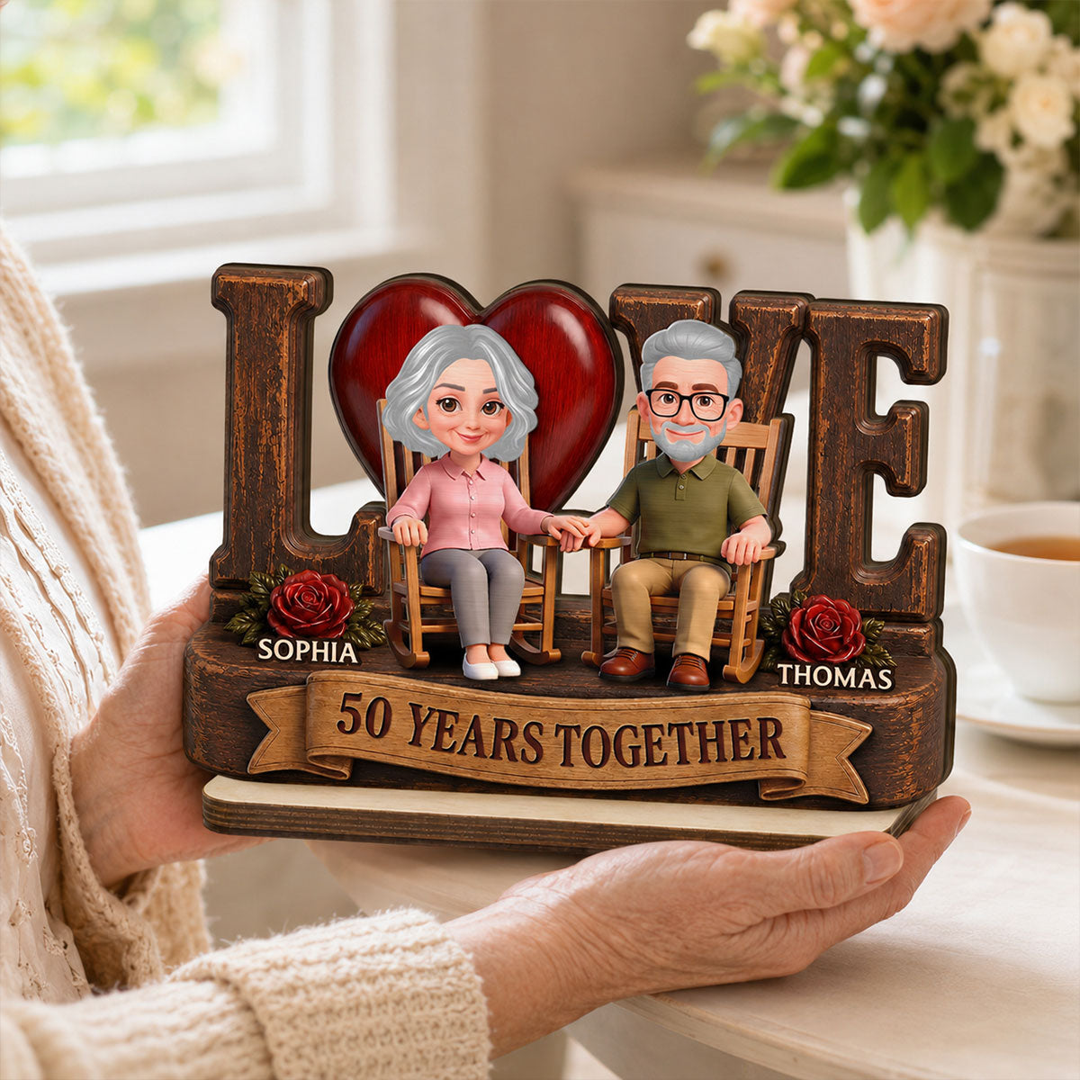 Love Old Couple Anniversary Gift - Personalized 2-Layered Wooden Plaque - Wedding Year Decor