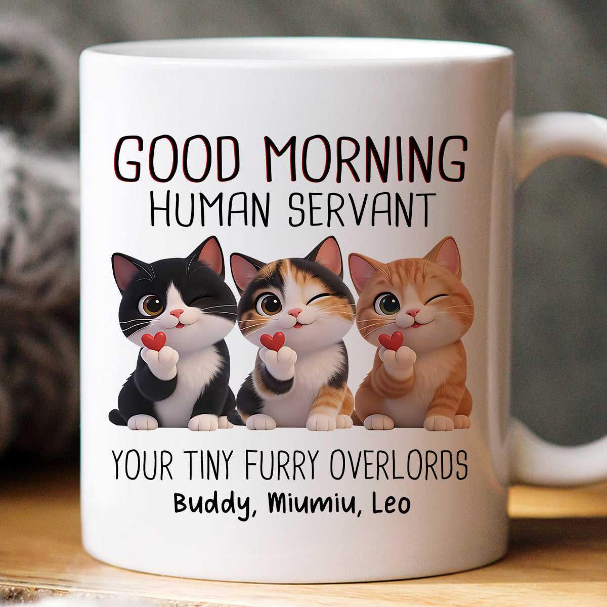 Good Morning Human Servant Cute Fluffy Cats - Personalized Mug - Funny Gift for Cat Moms, Cat Dads