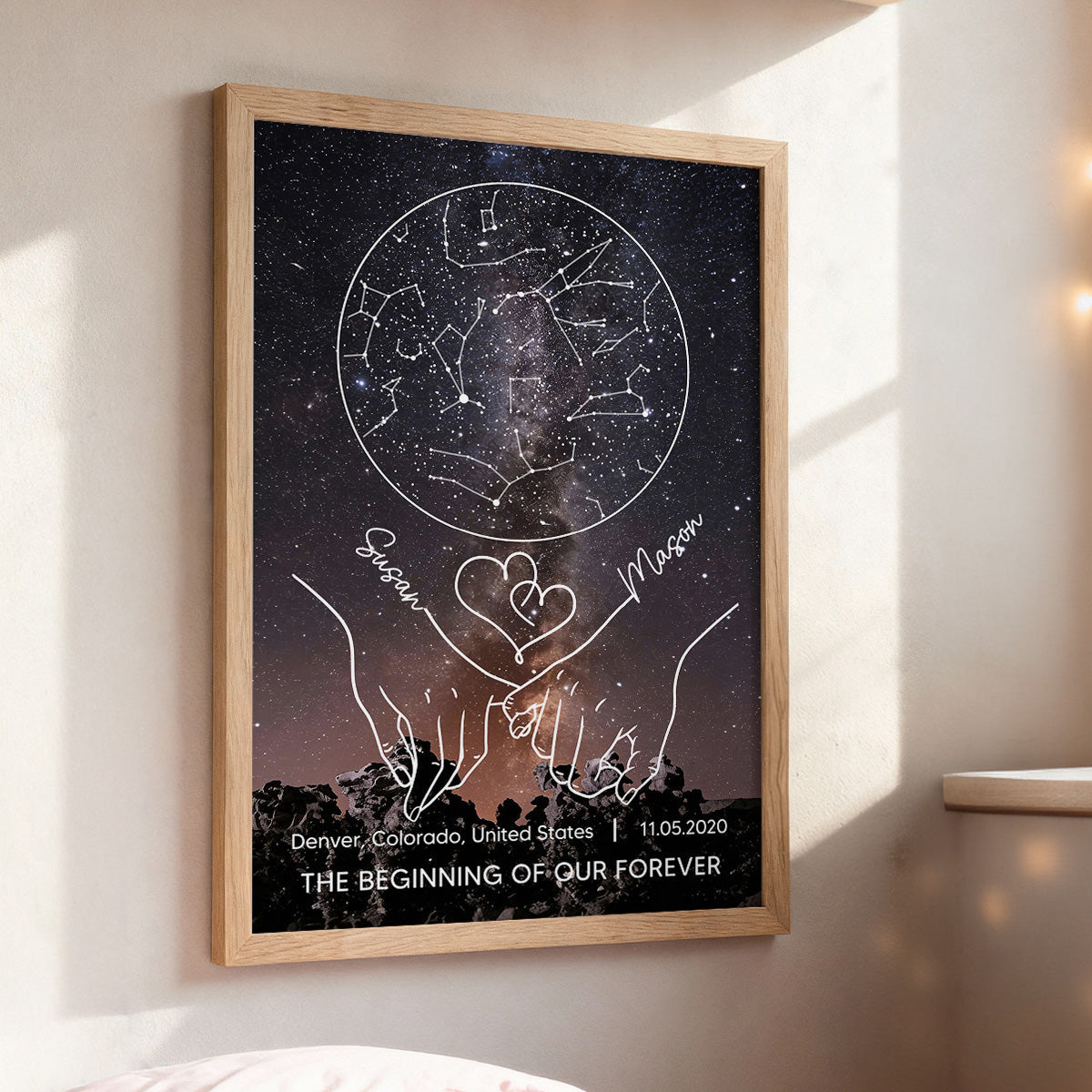 Couple Holding Hands Line Art Custom Star Map Anniversary Date - Personalized Poster - Valentine's Day Gift For Couple