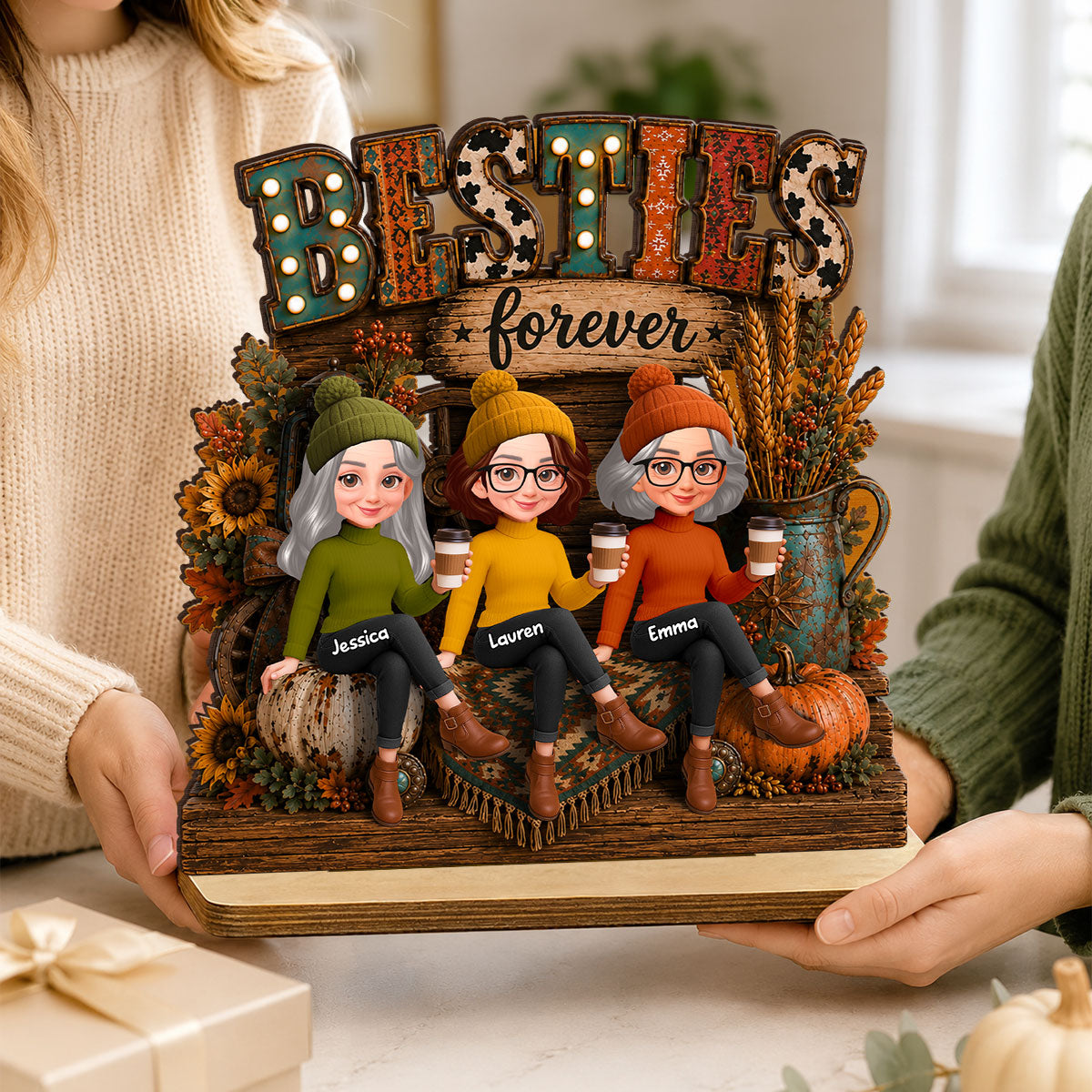 Western Fall Vibe Besties Forever - Personalized 2-Layered Wooden Plaque - Cozy Fall Decor for Best Friends