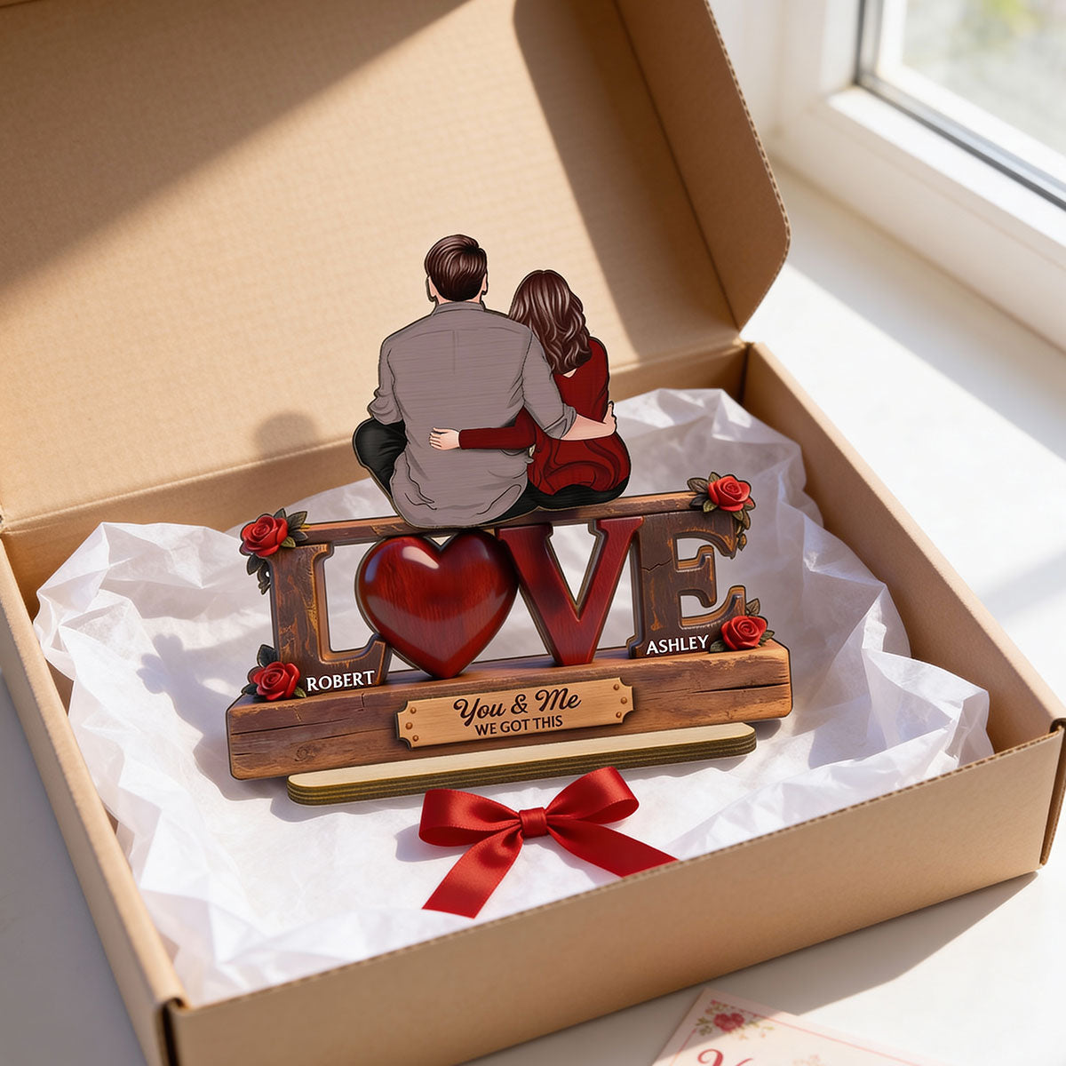 Roses LOVE Back View Couple Sitting Embracing - Personalized 2-Layered Wooden Plaque - Valentine's Day Gift For Couple, For Him, For Her