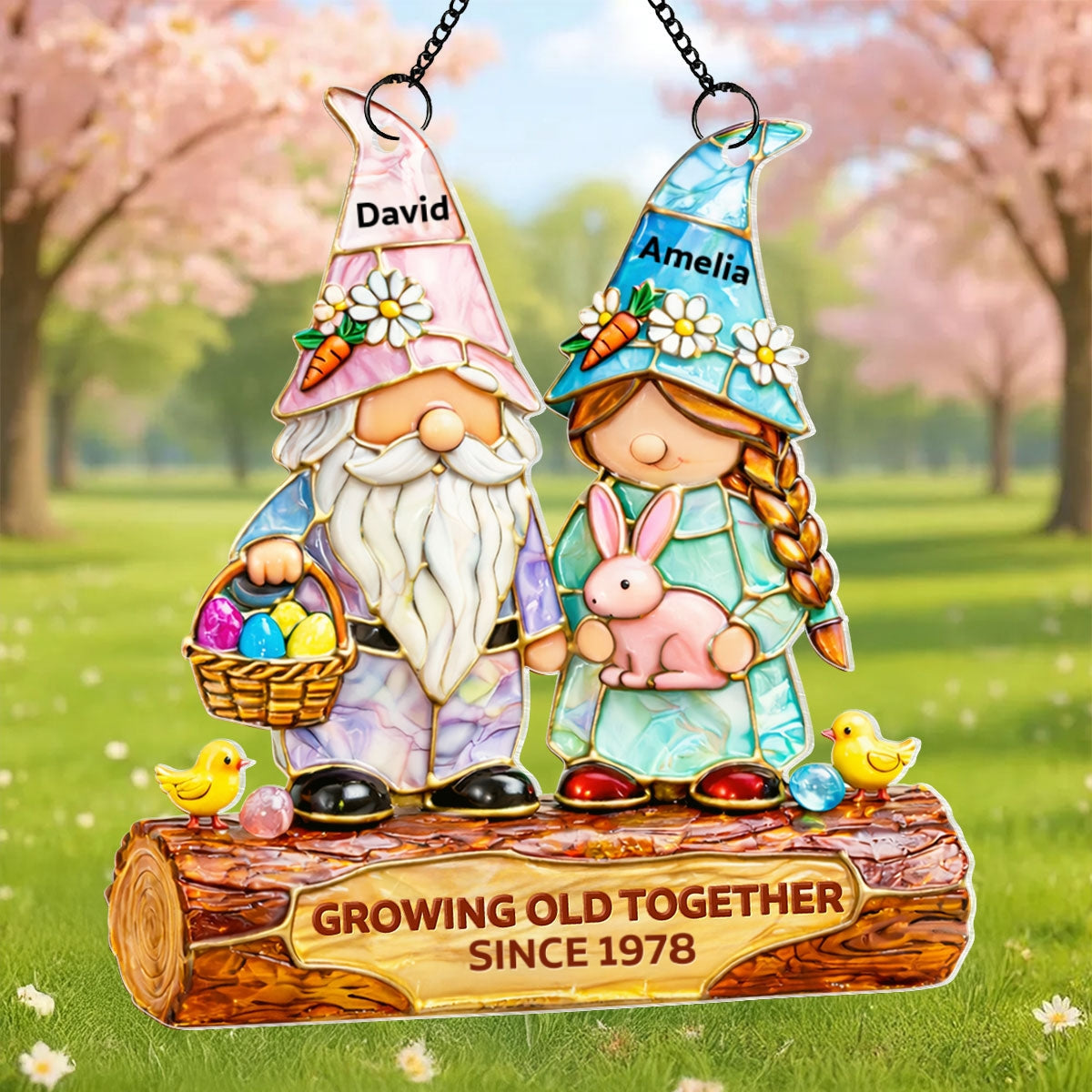 Growing Old Together Since Couple Gnome - Personalized Suncatcher - Gift For Couple, Family