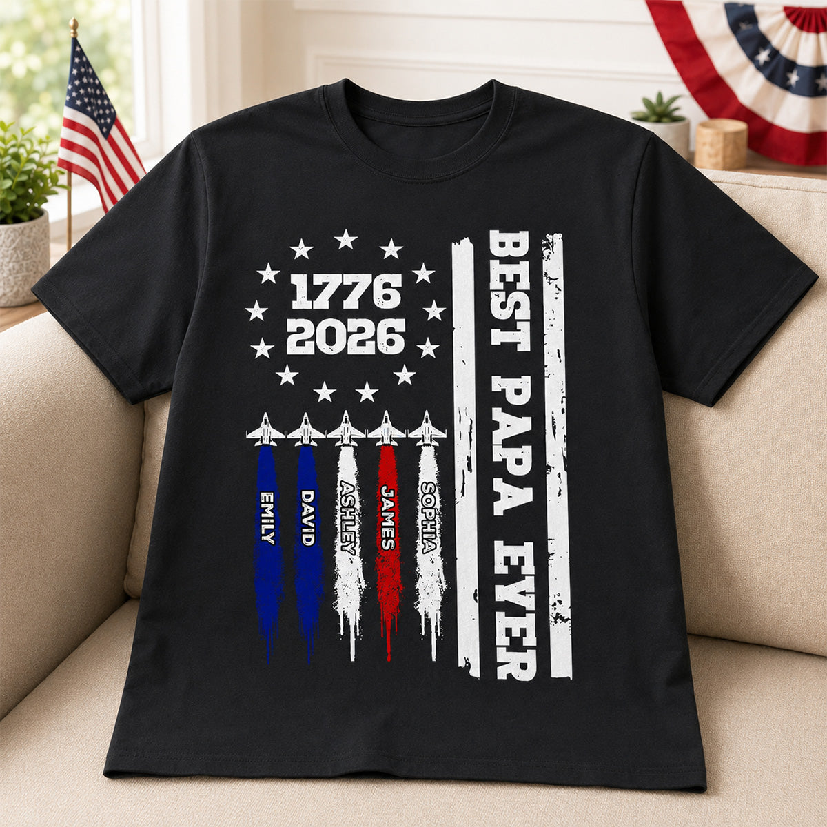 Best Dad Grandpa Ever Jets Smoke Custom Kid Name - Personalized Shirt - American 250th Anniversary Keepsake For Husband, Dad, Grandpa