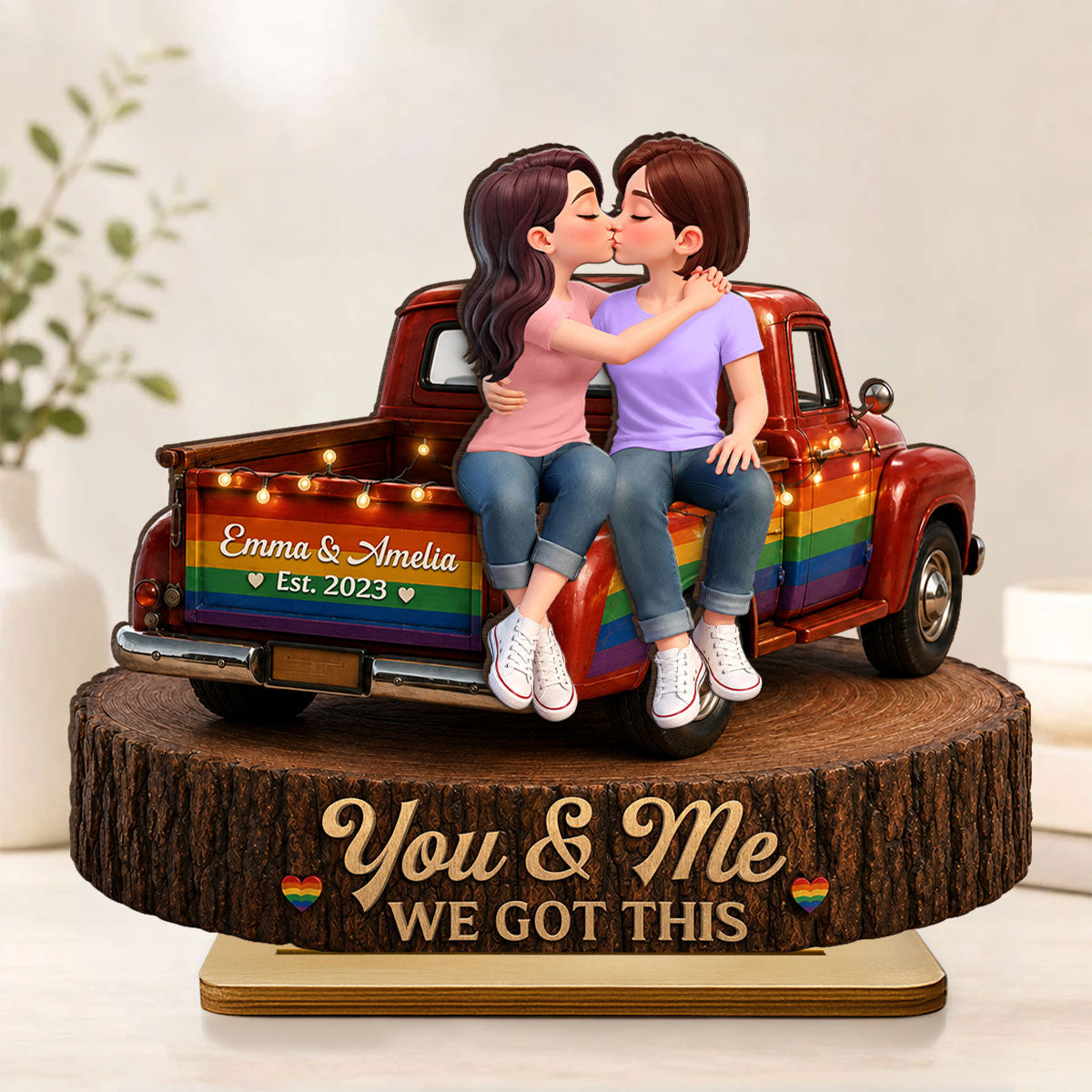 LGBT+ Couple Truck Love Is Love - Personalized 2-Layered Wooden Plaque - Gift For Couple, Happy Pride Month