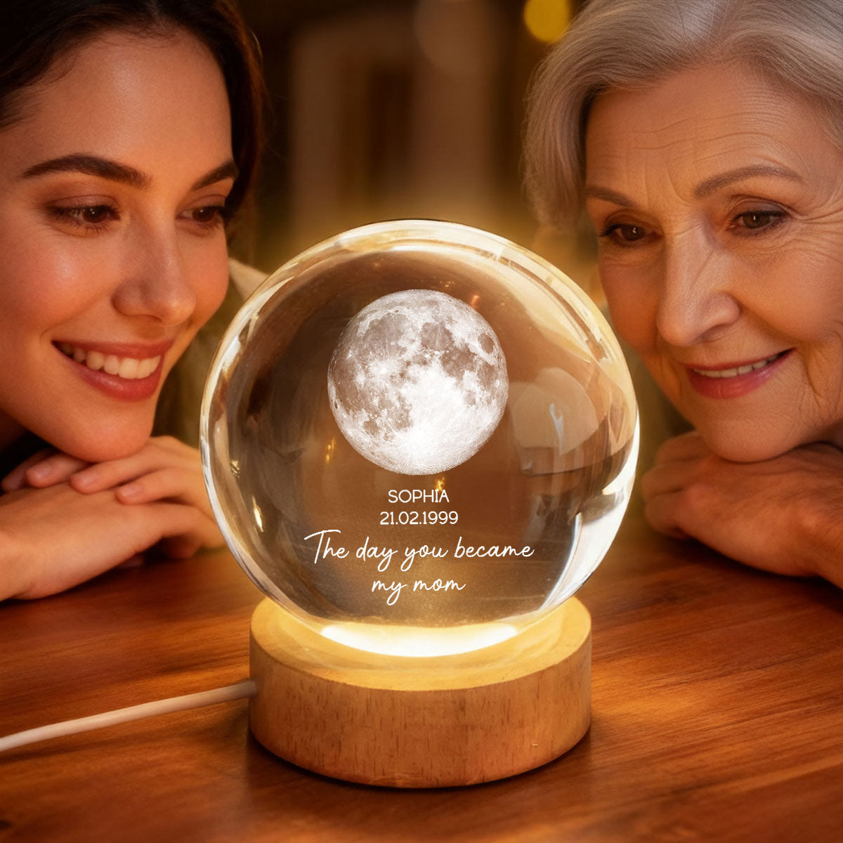 The Day You Became My Mom - Personalized Crystal Ball LED Night Light - Heartfelt Gift for Mom, Dad