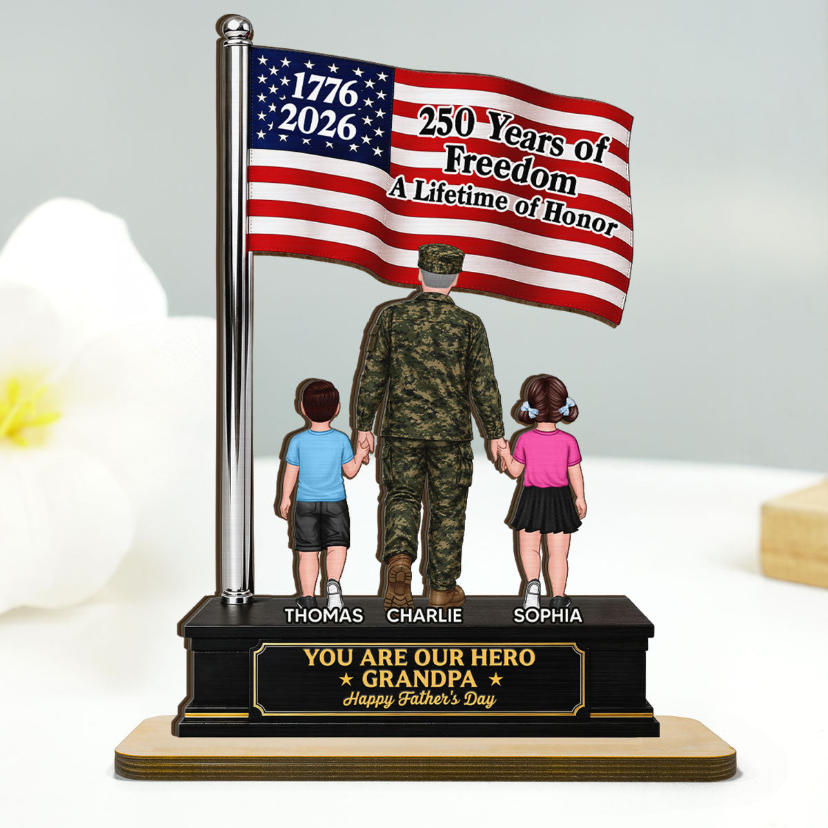 Proud American Military Veteran Grandpa Dad America 250th Anniversary - Personalized 2-Layered Wooden Plaque -  Gift For Dad, Grandpa Husband