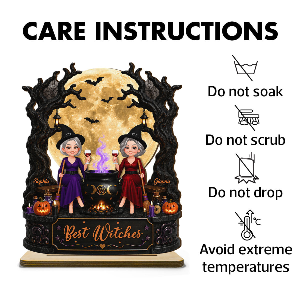 Best Witches In Moonlight 2D Flat - Personalized Wooden Plaque - Halloween Decoration